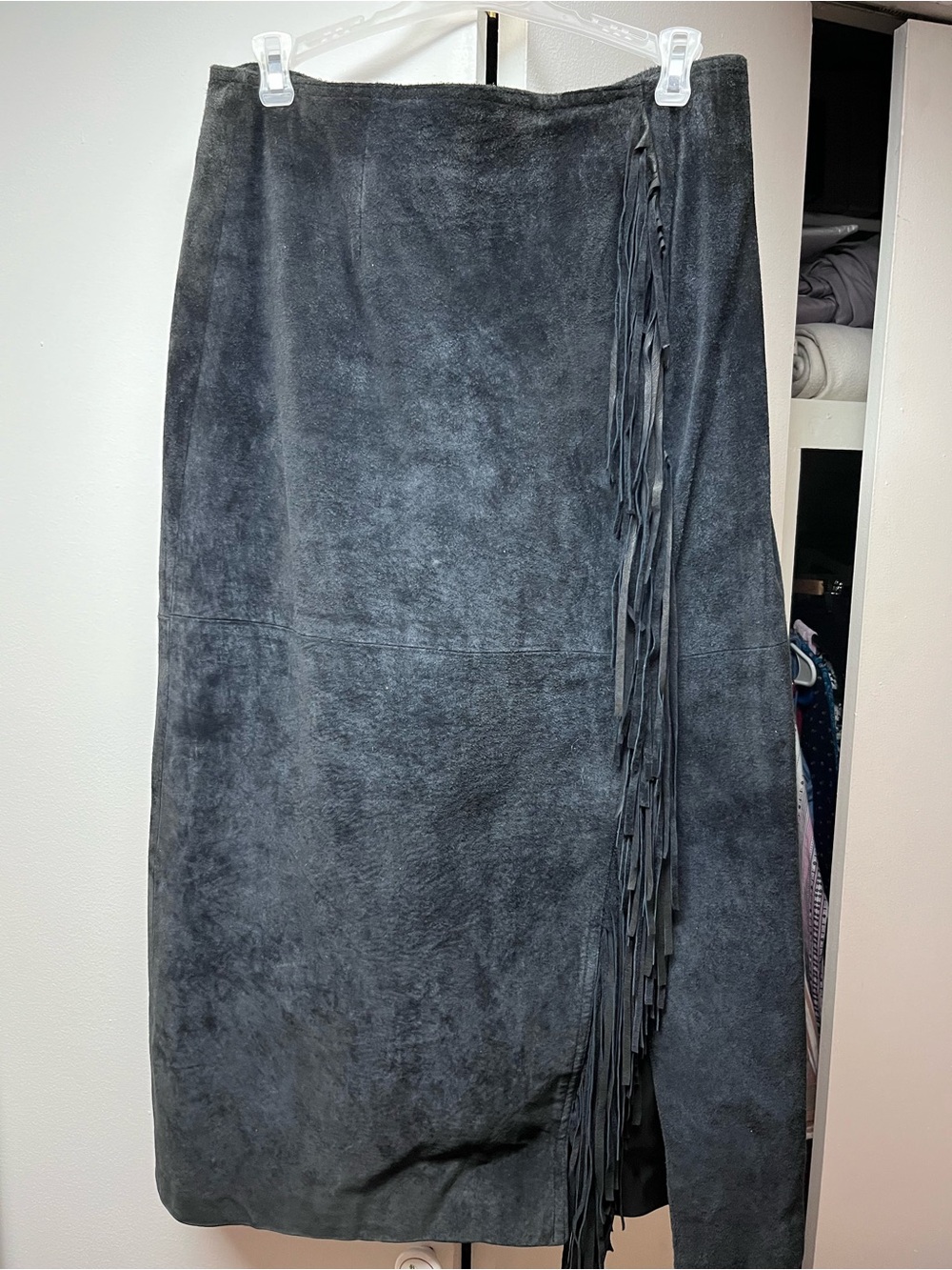 Black Suede Fringe-Trim Midi Skirt